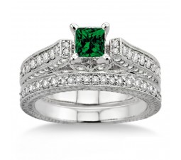 2 Carat Emerald & Diamond 2.10 Carat Emerald & Diamond Antique Bridal Set Engagement Ring  on 10k White Gold