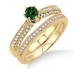 2 Carat Emerald & Diamond Antique Bridal Set Engagement Ring on 10k Yellow Gold