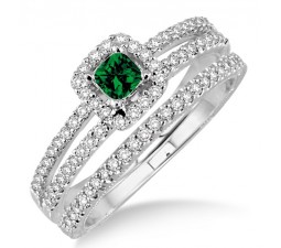 2 Carat Emerald & Diamond Bridal Set two row halo  on 10k Yellow Gold