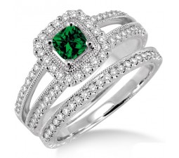 2 Carat Emerald & Diamond Antique Bridal set Halo Ring  on 10k White Gold