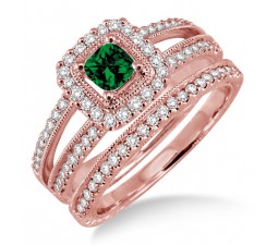 2 Carat Emerald & Diamond Antique Bridal set Halo Ring on 10k Rose Gold
