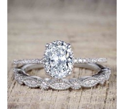 2 Carat Oval Cut Moissanite Wedding Set, Art Deco Halo Engagement Ring & Wedding Band, 925 Sterling Silver, 18K Gold Plated