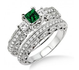 2 Carat Emerald & Diamond Antique Milgrain Trilogy Bridal set  on 10k White Gold