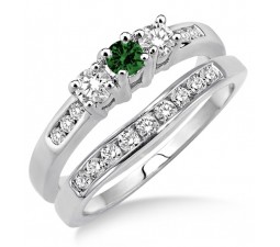 2 Carat Emerald & Diamond Elegant Three Stone Trilogy Round Cut Bridal set on 10k White Gold