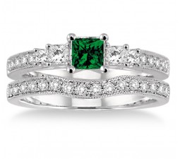 1.5 Carat Emerald & Diamond Antique Bridal set Halo Ring  on 10k White Gold