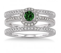 2 Carat Emerald & Diamond Trio set Halo Ring  on 10k White Gold