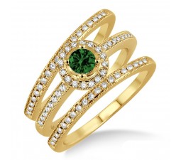 2 Carat Emerald & Diamond Trio set Halo Ring  on 10k Yellow Gold