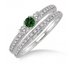 1.5 Carat Emerald & Diamond Three Stone Bridal Set  on 10k White Gold