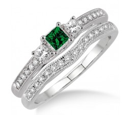 1.5 Carat Emerald & Diamond Three Stone Bridal Set  on 10k White Gold