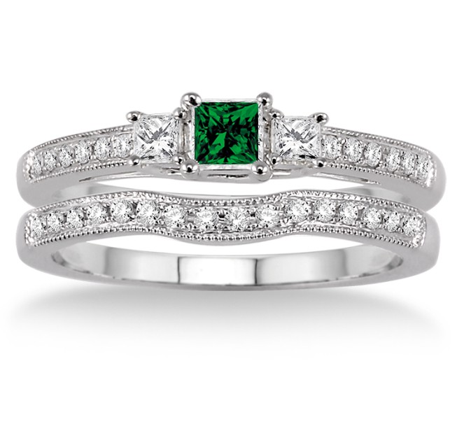 1.5 Carat Emerald & Diamond Three Stone Bridal Set on 10k White Gold ...