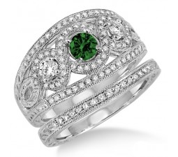 2 Carat Emerald & Diamond Trilogy set Ring  on 10k White Gold