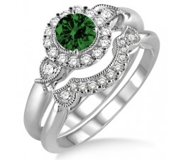 1.25 Carat Emerald & Diamond Antique Three Stone Flower Halo Bridal Set  on 10k White Gold