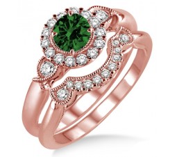 1.25 Carat Emerald & Diamond Antique Three Stone Flower Halo Bridal Set on 10k Rose Gold