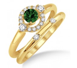 1.25 Carat Emerald & Diamond Elegant Flower Halo Bridal Set  on 10k Yellow Gold