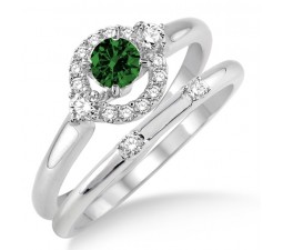 1.25 Carat Emerald & Diamond Elegant Flower Halo Bridal Set  on 10k White Gold