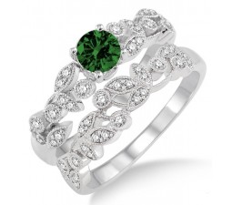 1.25 Carat Emerald & Diamond Antique Flower Bridal Set  on 10k White Gold