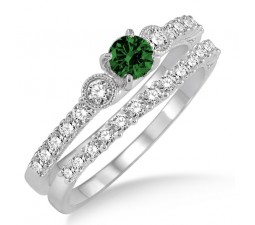 1.5 Carat Emerald & Diamond Antique Three Stone Bridal Set  on 10k White Gold