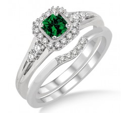 1.5 Carat Emerald & Diamond Bridal Set Halo Engagement Ring Bridal Set on 10k White Gold