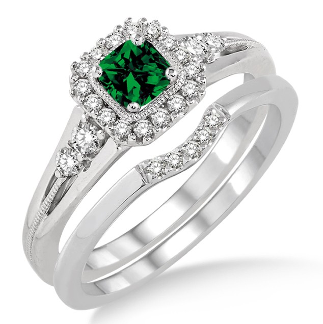 1.5 Carat Emerald & Diamond Bridal Set Halo Engagement Ring Bridal Set ...