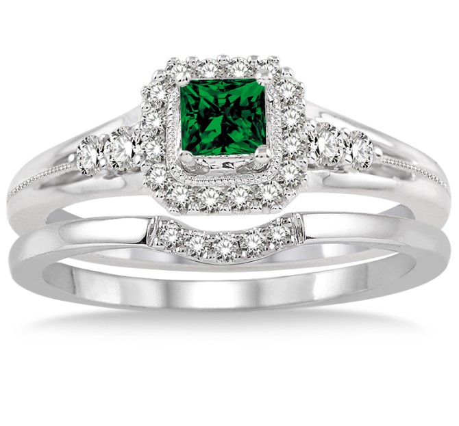 1.5 Carat Emerald & Diamond Bridal Set Halo Engagement Ring Bridal Set ...