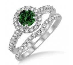 1.5 Carat Emerald & Diamond Antique Floral Halo Bridal set  on 10k White Gold