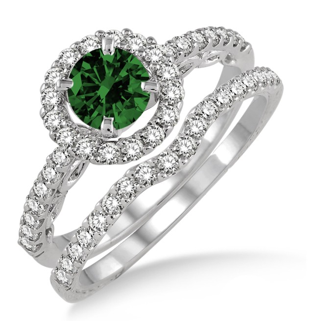 1.5 Carat Emerald & Diamond Antique Floral Halo Bridal set on 10k White ...