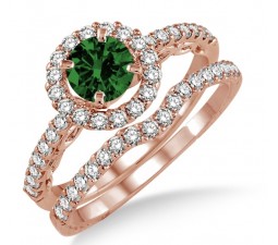 1.5 Carat Emerald & Diamond Antique Floral Halo Bridal set on 10k Rose Gold