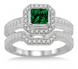 2 Carat Emerald & Diamond Antique Halo Bridal set on 10k White Gold