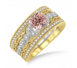 2 Carat Morganite & Diamond Antique Trio Bridal Set Engagement Ring on 10k White Gold