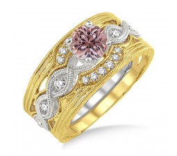 1.25 Carat Morganite & Diamond Vintage Trio Bridal Set Engagement Ring on 10k White Gold