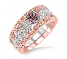 1.5 Carat Morganite & Diamond Vintage Trio Bridal Set Engagement Ring on 10k White Gold