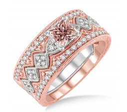 2 Carat Morganite & Diamond Antique Trio Bridal Set Engagement Ring on 10k White Gold