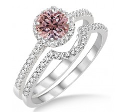 2 Carat Morganite & Diamond Halo Bridal Set Engagement Ring on 10k White Gold