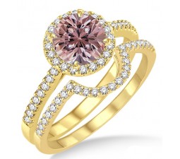 2 Carat Morganite & Diamond Halo Bridal Set Engagement Ring on 10k Yellow Gold
