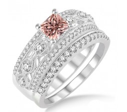 1.5 Carat Morganite & Diamond Antique Bridal Set Engagement Ring on 10k White Gold