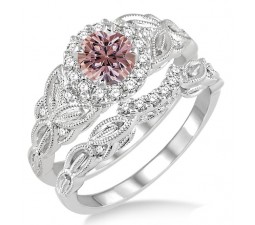 1.25 Carat Morganite & Diamond Vintage floral Bridal Set Engagement Ring on 10k White Gold