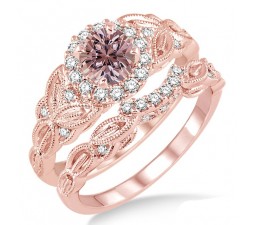 1.25 Carat Morganite & Diamond Vintage floral Bridal Set Engagement Ring on 10k Rose Gold