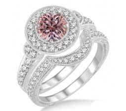 1.5 Carat Morganite & Diamond Antique Halo Bridal Set Engagement Ring on 10k White Gold