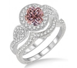 1.5 Carat Morganite & Diamond Antique Halo Bridal Set Engagement Ring on 10k White Gold