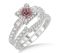 1.5 Carat Morganite & Diamond Vintage floral Bridal Set Engagement Ring on 10k White Gold
