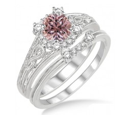 1.25 Carat Morganite & Diamond Vintage halo floral Bridal Set Engagement Ring on 10k White Gold