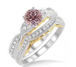 1.25 Carat Morganite & Diamond two tone bridal setround cut diamond on 10k White Gold