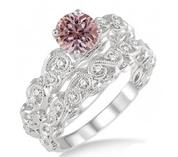 1.25 Carat Morganite & Diamond Infinity Antique Bridal setround cut diamond on 10k White Gold