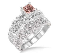 1.5 Carat Morganite & Diamond Infinity Floral Antique Bridal setRound cut diamond on 10k White Gold