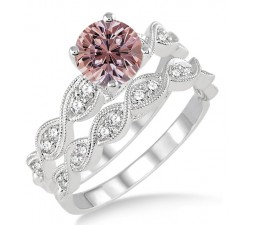 1.5 Carat Morganite & Diamond inertwined Bridal setRound cut diamond on 10k White Gold