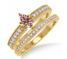 1.5 Carat Morganite & Diamond Bridal Set on 10k Yellow Gold
