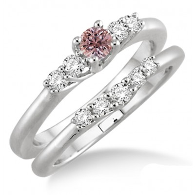 1.25 Carat Morganite Diamond Inexpensive Bridal Set on 10k White Gold JeenJewels