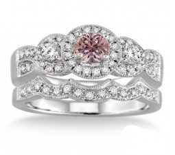 1.5 Carat Morganite & Diamond Halo Bridal Set on 10k White Gold