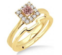 1.25 Carat Morganite & Diamond Bridal set Halo on 10k Yellow Gold