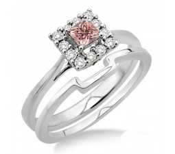 1.25 Carat Morganite & Diamond Bridal set Halo on 10k White Gold